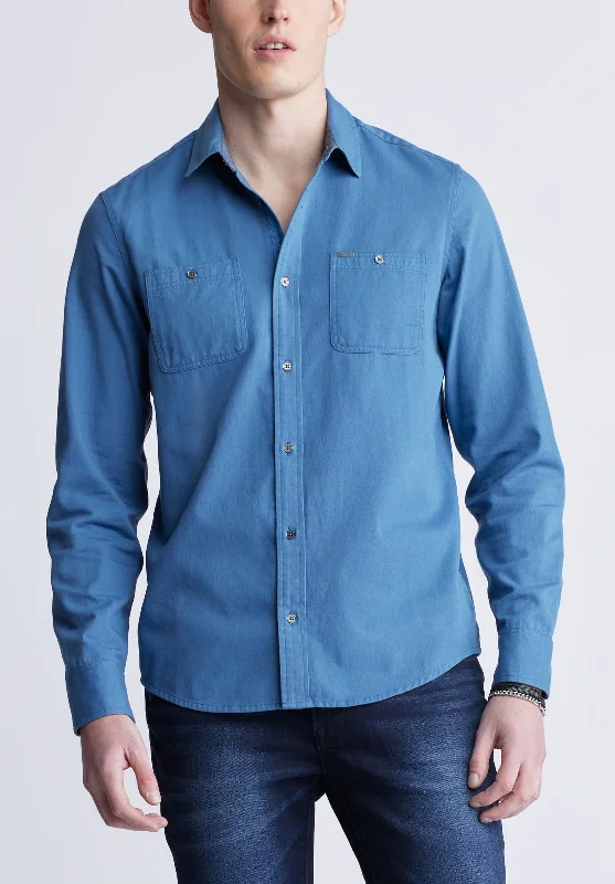 Sagrani Men's Long Sleeve Woven Shirt, Blue - BM24403 Beach