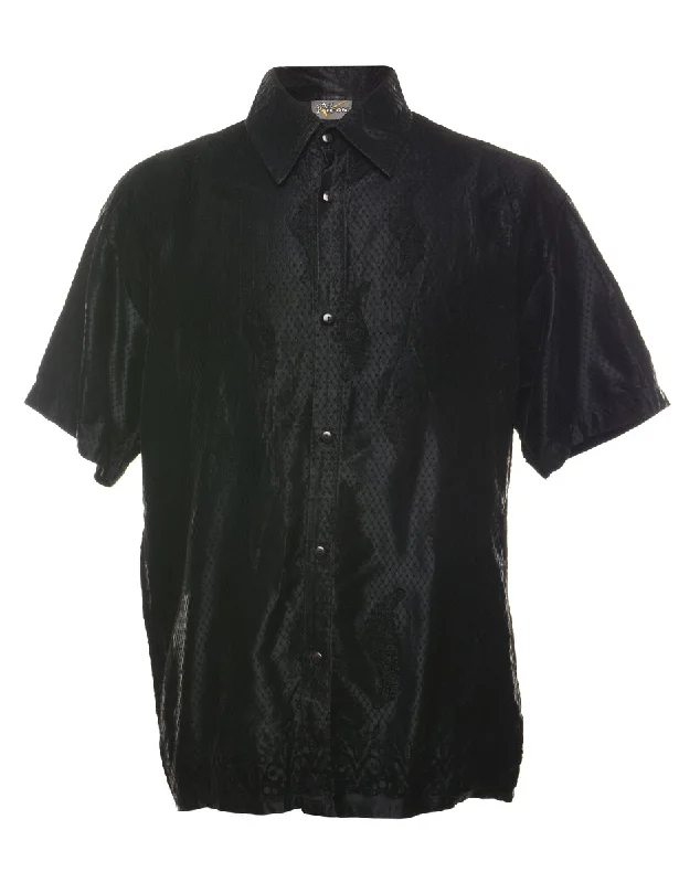 Black 1990s Patterned Short Sleeve Shirt - M Polished Men's Silk