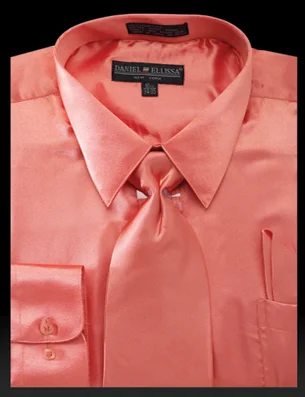 Satin Dress Shirt Convertible Cuff Regular Fit in Coral With Tie And Pocket Square Cool Men's Skate