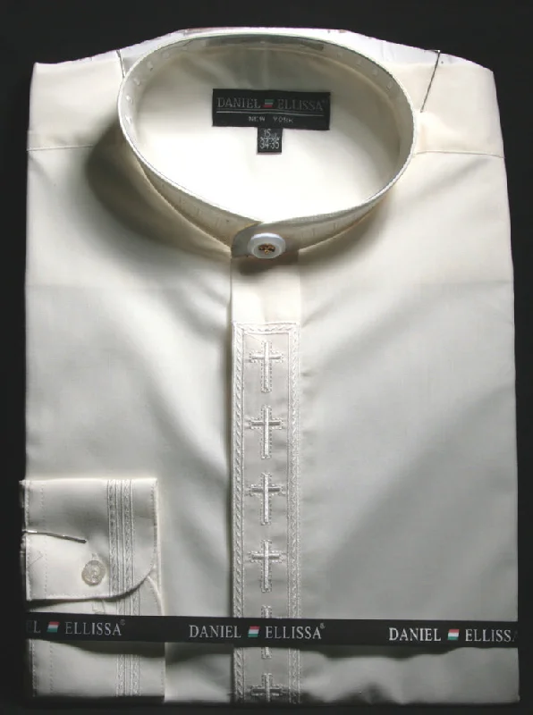 Men's Banded Collar Embroidered Convertible Cuff Shirt in Ivory Vacation