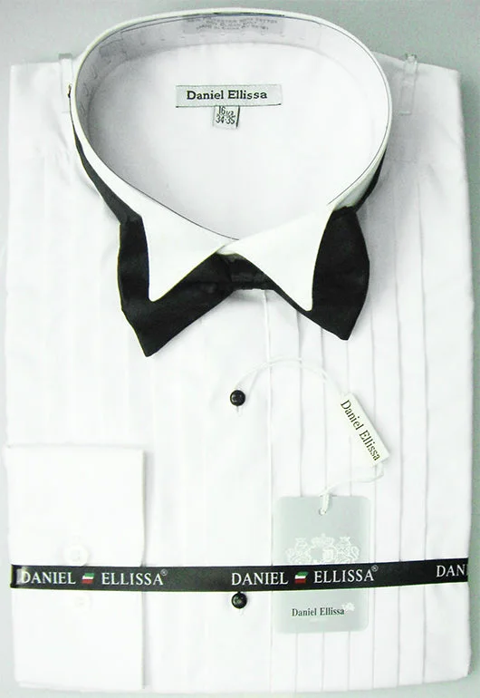 White Regular Fit Half-Inch Pleated Tuxedo Shirt with Bow Tie Laid