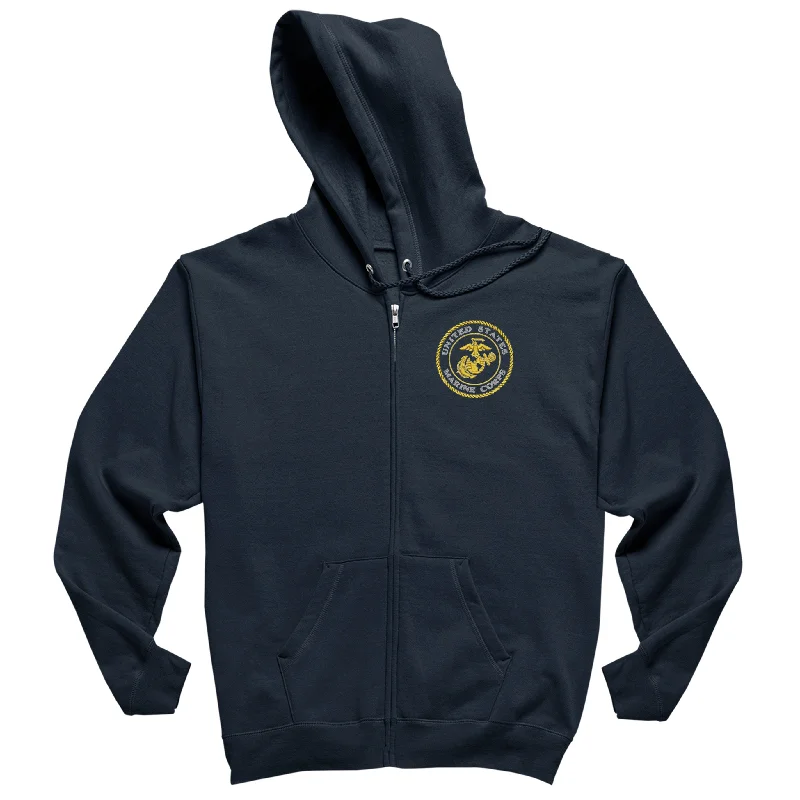 USMC Gold Seal Embroidered Full Zip Hoodie Cool Men's Distressed