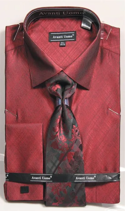 French Cuff Regular Fit Shirt in Burgundy with Tie, Cuff Links, and Pocket Square Trendy Men's Bucket