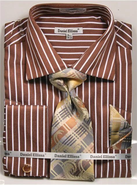 French Cuff Regular Fit Shirt Set Bold Stripe Brown with Tie, Cuff Links and Pocket Square Laid