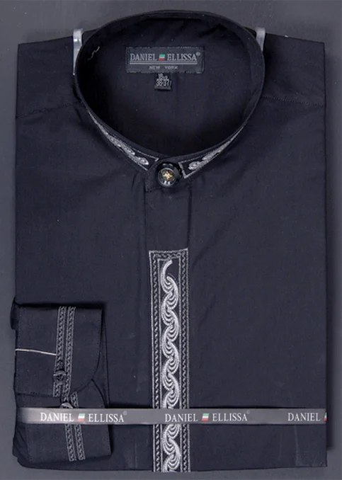 Basic Banded Collar Dress Shirt Wave Print in Black/Gray Beach