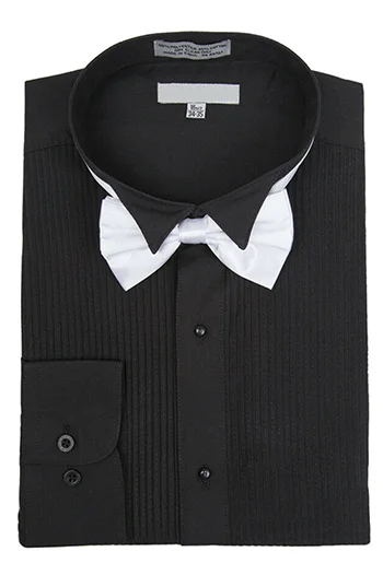 Black Regular Fit Wingtip Collar Pin Pleated Tuxedo Shirt with Bow Tie Street