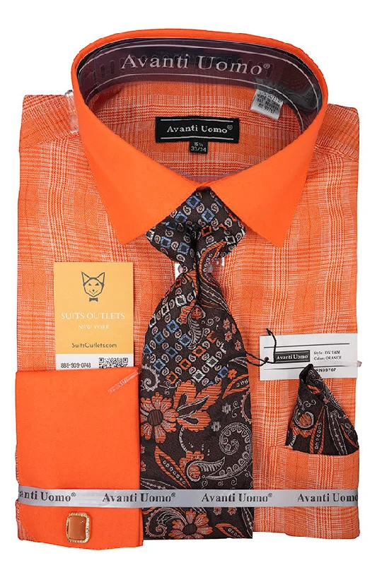 Orange Plaid French Cuff Dress Shirt Set with Cuff Links, Tie and Pocket Square Unique Men's Patch