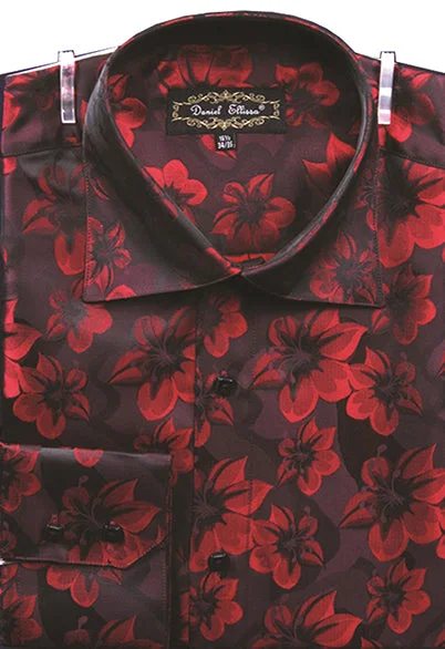 Dress Shirt Regular Fit Floral Design In Burgundy Athletic Men's Compression