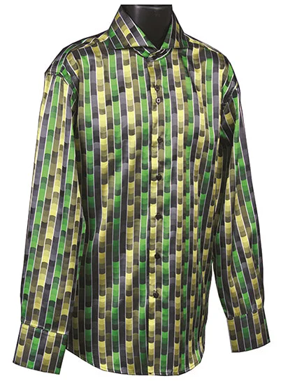 Dress Shirt Regular Fit Fancy Stripe Pattern In Green Unique Men's Patch