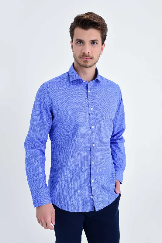 Slim Fit Long Sleeve Printed Cotton Navy Dress Shirt Sophisticated Men's French