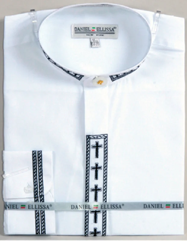 Men's Banded Collar Embroidered Convertible Cuff Shirt in White/Black Lumberjack