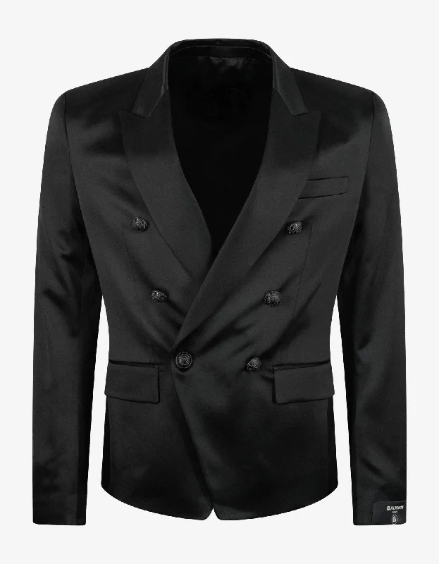 Balmain Black Double-Breasted Silk Blazer Modern Men's Tech