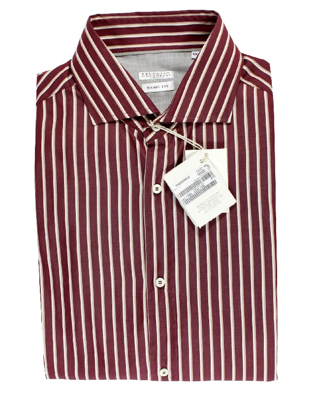 Brunello Cucinelli Shirt Maroon Stripes XXL Spread Collar SALE Dynamic Men's Glow