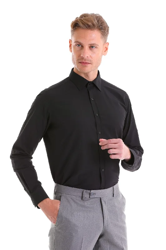 Slim Fit Black Cotton Blend Dress Shirt Cool Men's Distressed