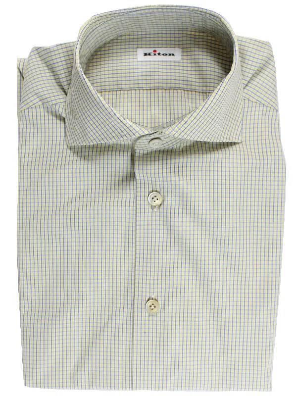 Kiton Dress Shirt White Lime Navy Check Spread Collar 38 - 15 REDUCED - SALE Elegant Men's Cashmere