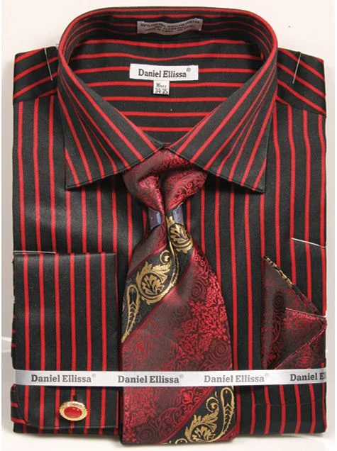 French Cuff Regular Fit Shirt Set Bold Stripe Black/Red with Tie, Cuff Links and Pocket Square Bold Men's Animal