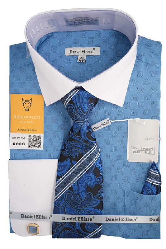 Blue White French Cuff Dress Shirt Set with Tie, Cuff Links and Pocket Square Athletic Men's Compression