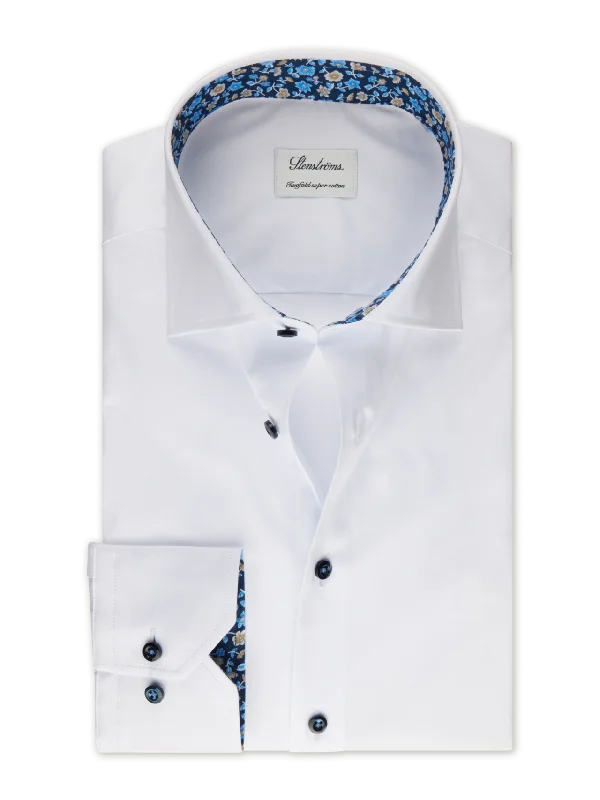 White w/ Contrast Blue Details & Floral Trim Fitted Body Shirt - Stenströms Gym