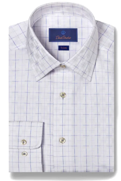 David Donahue White & Blue Sateen Dobby Check Dress Shirt Sophisticated Men's 