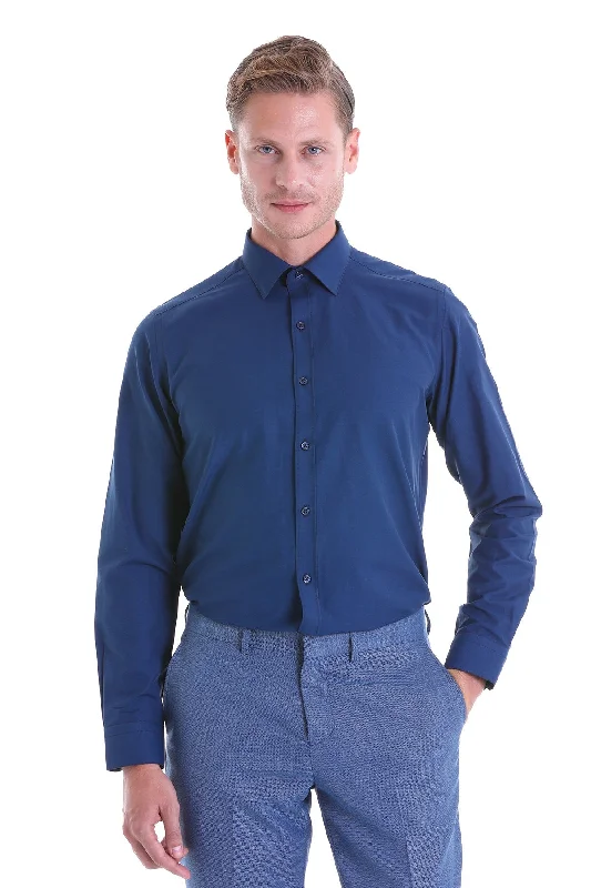 Slim Fit Navy Cotton Blend Dress Shirt Confident Men's Power