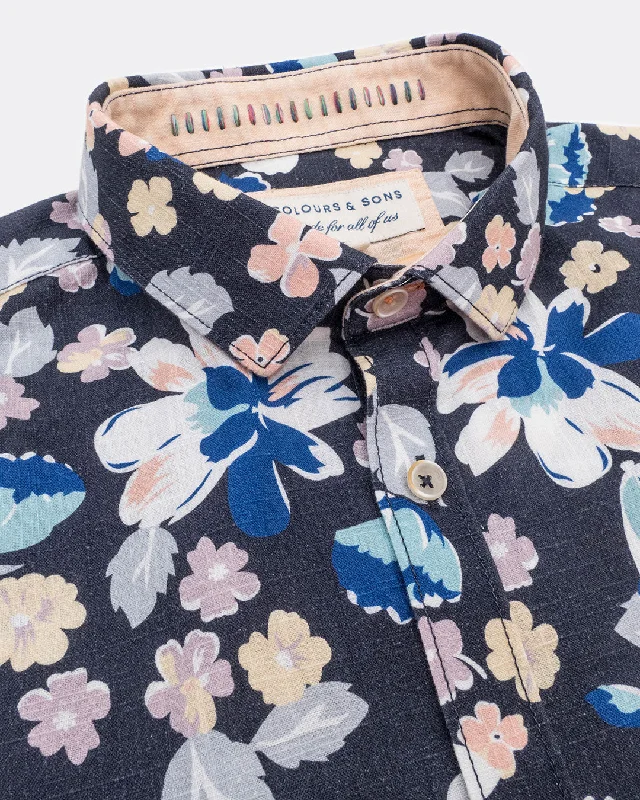 Cotton Shirt - Multicolour Flowers - Blue Polished Men's Silk