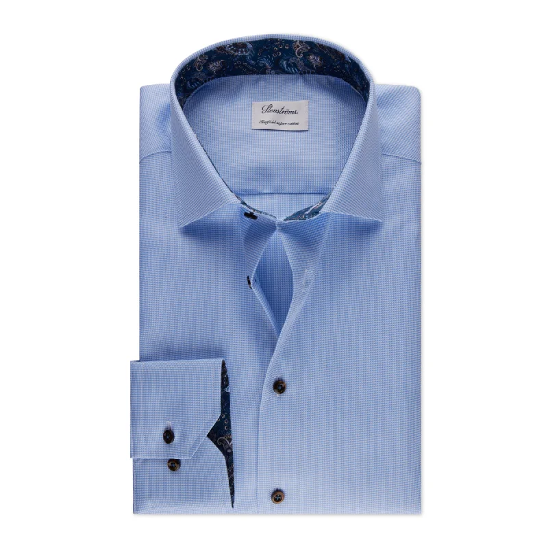 Light Blue w/ Contrast Twill Slimline Shirt - Stenströms Preppy Men's College