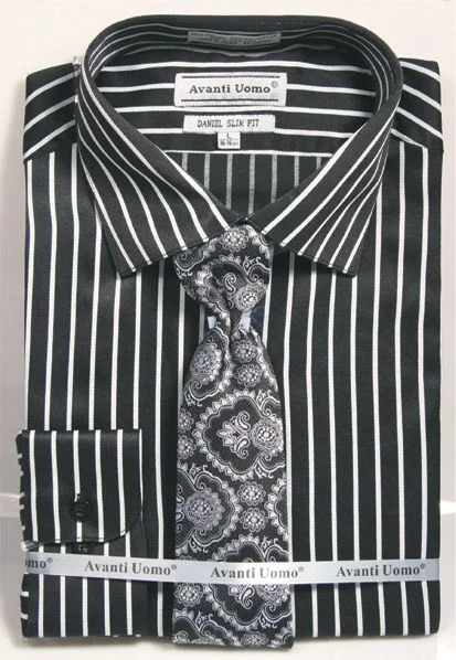 Button Cuff Slim Fit Stripe Shirt in Black/Silver and Tie Set Athletic Men's Compression