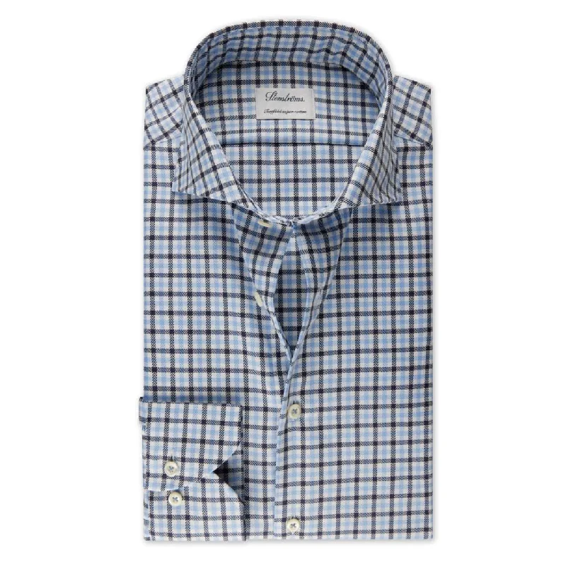 Blue Checked Twill Fitted Body Shirt - Stenströms Masculine Men's Thick