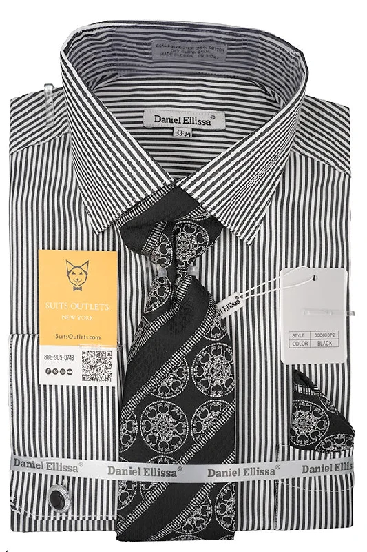 Black White Bold Stripe French Cuff Dress Shirt with Tie, Cuff Links and Pocket Square Practical Men's Quick