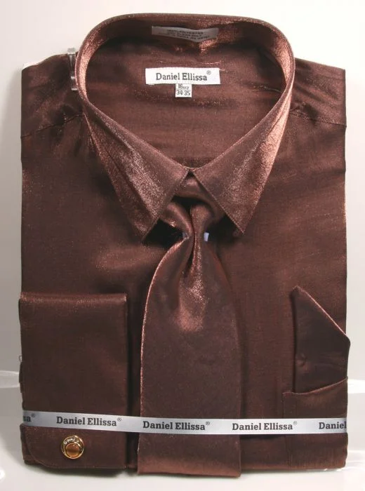 Brown Metallic Velvet Dress Shirt Set French Cuff Refined Men's Classic 