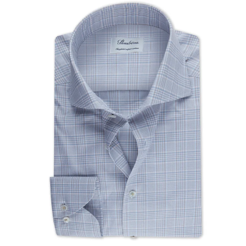 Light Blue & Beige Checked Slimline Twill Shirt - Stenströms Hip Men's Retro