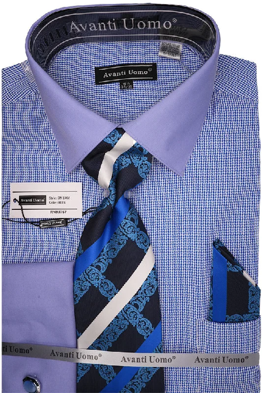 Blue French Cuff Mini-Houndstooth Dress Shirt Set with Tie and Handkerchief Dapper Men's Bow