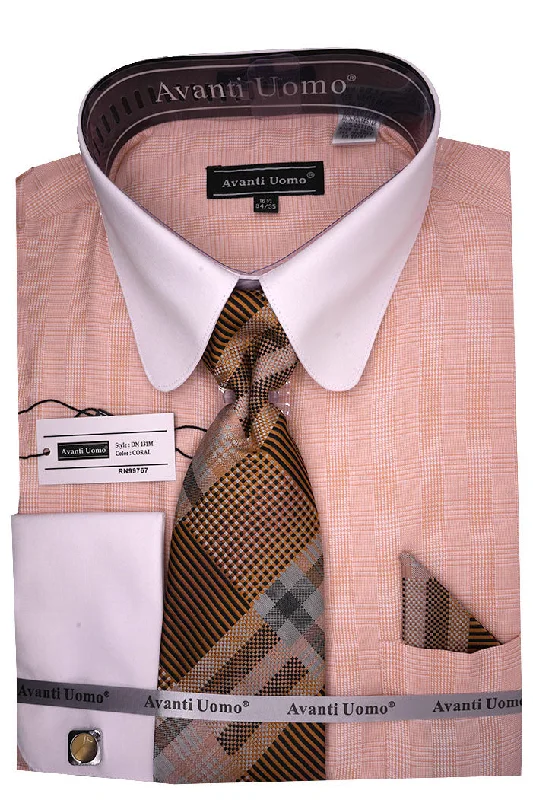 Coral Windowpane Dress Shirt Set with Tie and Handkerchief Sleek Men's Metallic