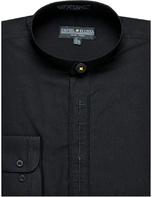 Men's Banded Collar Embroidered Convertible Cuff Shirt in Black/Black Sleek Men's Contemporary 