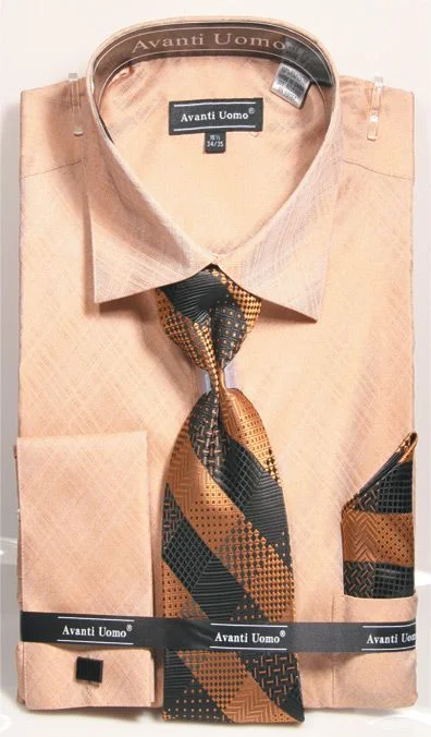 French Cuff Regular Fit Shirt in Tan with Tie, Cuff Links and Pocket Square Polished Men's Satin