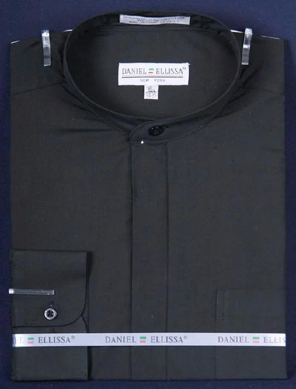 Basic Banded Collar Convertible Cuff Dress Shirt in Black Tailored