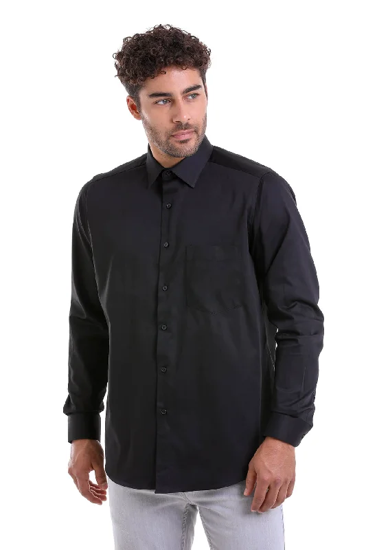 Comfort Fit Long Sleeve 100% Cotton Black Dress Shirt Monochromatic Office Style