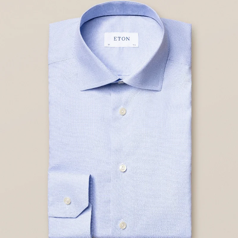 Light Blue Checked Fine Twill Contemporary Fit Shirt - ETON Traditional Men's Wool