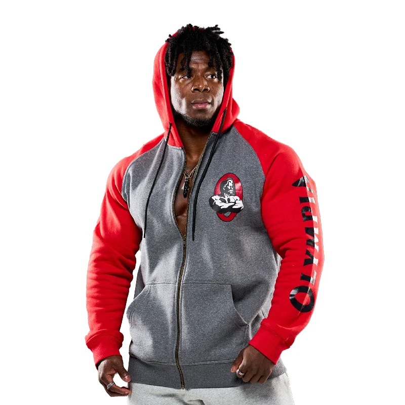 Olympia Grey & Red Full-Zip Fleece Printed Logo Hoodie Business