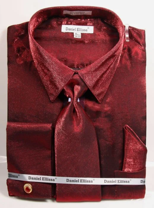 Burgundy Metallic Velvet Dress Shirt Set French Cuff Sophisticated Men's French