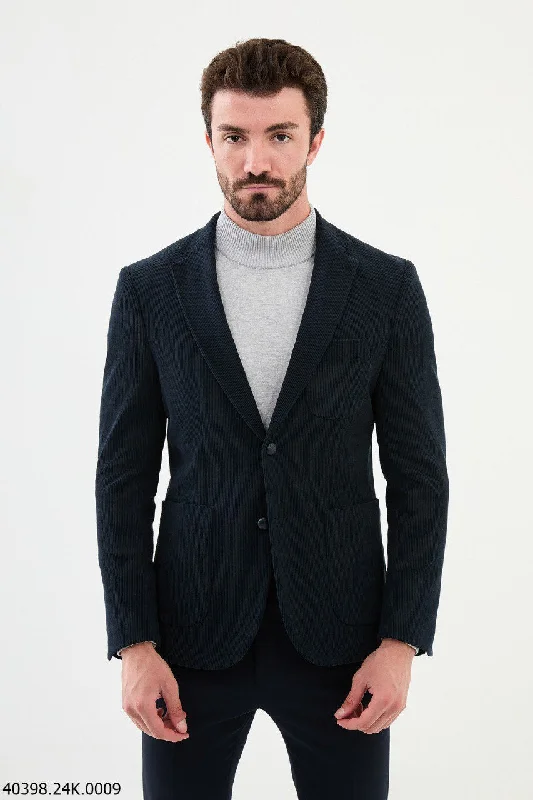 Brabion James Navy Blue Slim Fit Notch Lapel Striped Velvet Blazer Sporty Men's Athleisure 