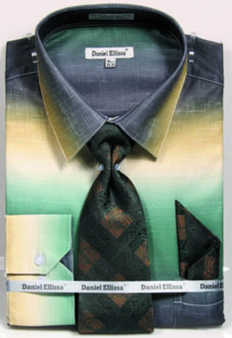 Green Multi Color Printed Dress Shirt Set with Convertible Cuff Classic Men's Pin