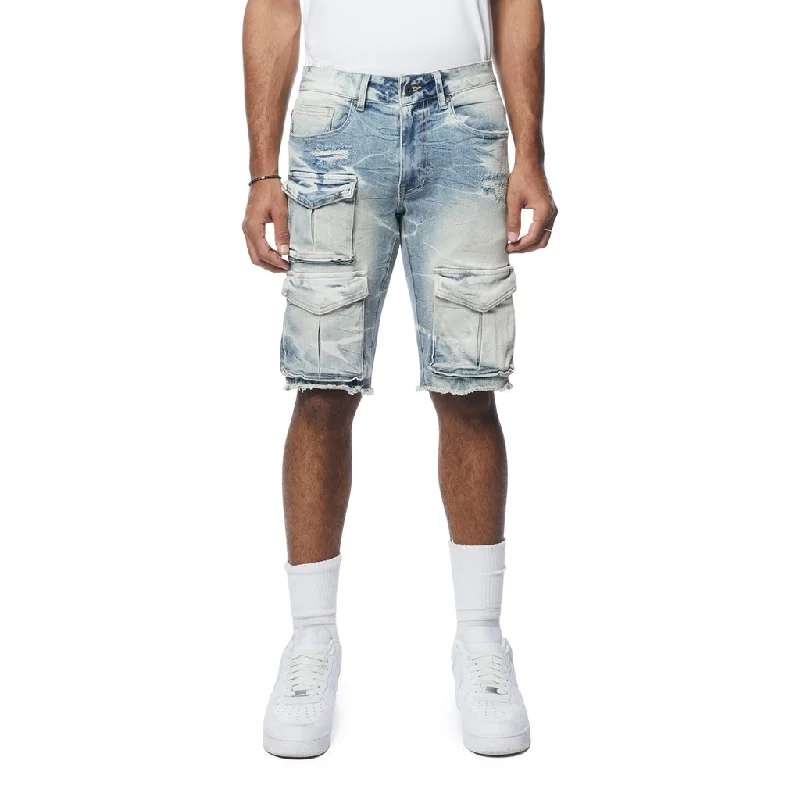 12" Slim Rip & Repair Cargo Jean Shorts - Bergen Blue Trendy Men's Oversized