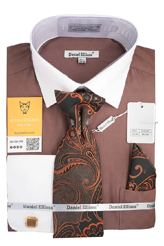 Brown White French Cuff Dress Shirt Set with Tie, Cuff Links and Pocket Square Youthful Men's Anime