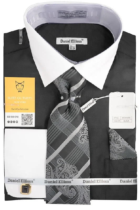 Black White French Cuff Dress Shirt Set with Tie, Cuff Links and Pocket Square Sleek Men's Metallic