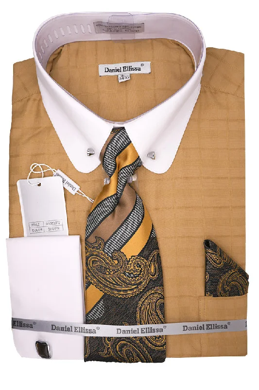 Brown Tone-on-tone Check Dress Shirt Set with Tie and Handkerchief Casual Men's Loose