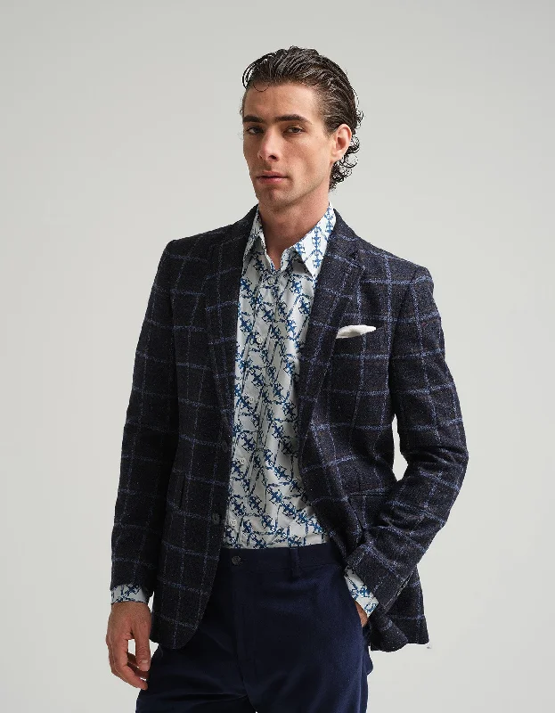 Blue Windowpane Check Jacket Casual Men's Short