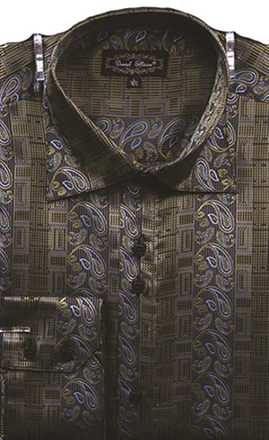 Dress Shirt Regular Fit Paisley And Check Design In Olive Sleek Men's Metallic