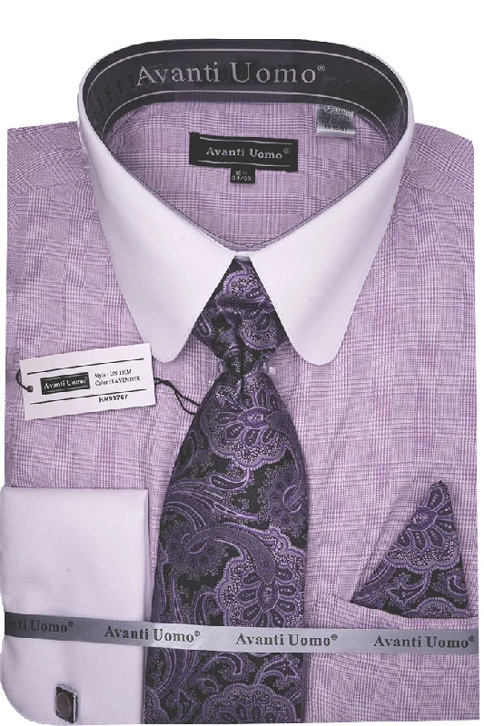 Lavender Windowpane Dress Shirt Set with Tie and Handkerchief Stylish Men's Neon