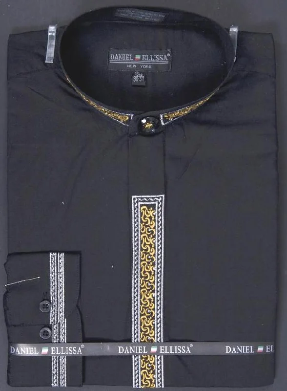 Basic Banded Collar Dress Shirt with Embroidery in Black Sharp Men's Italian